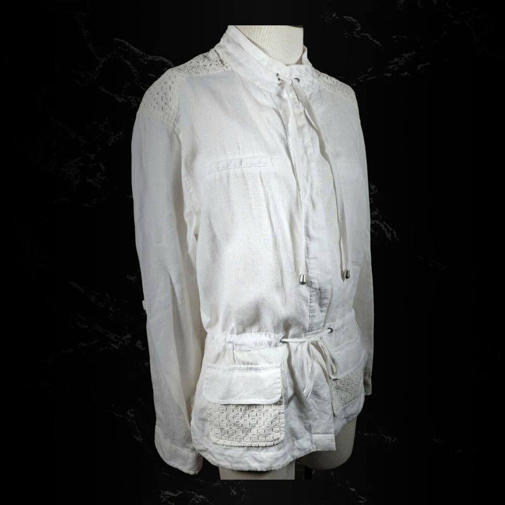 Saint Tropez West White Eyelet Linen Button Cinch Waist Utility Jacket Sz Medium